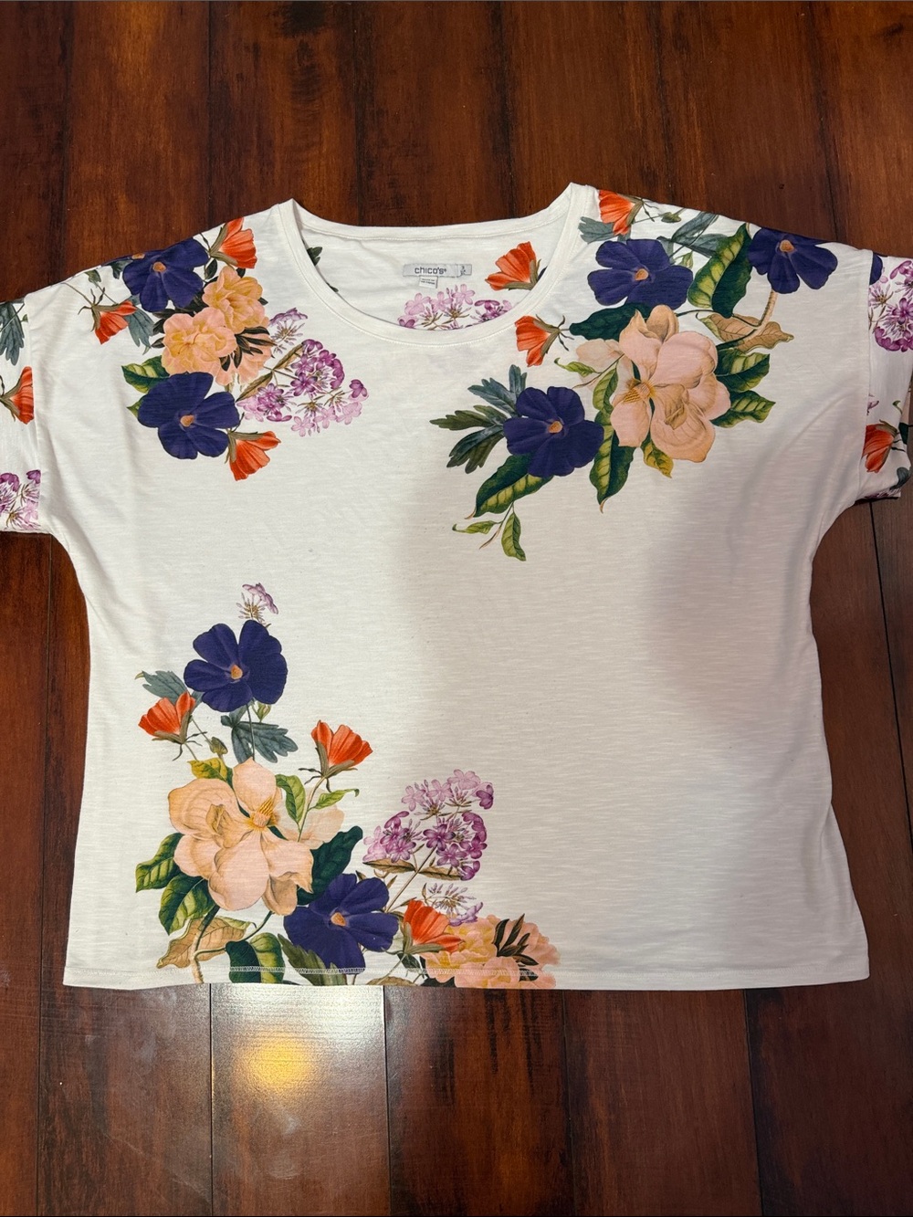 Chico's White Short Sleeve Tee with Purple, Peach and Orange Floral Print